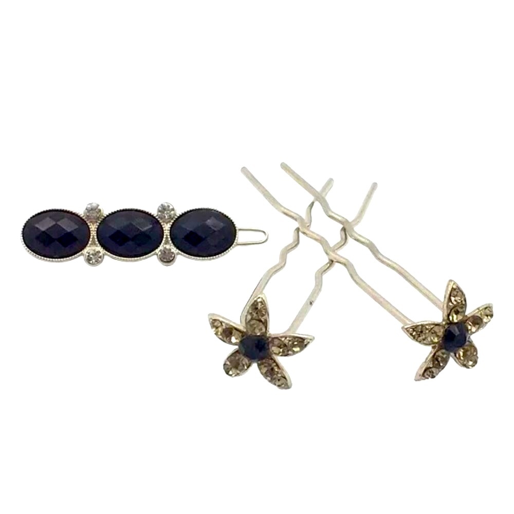 Black Stone w/ Faux Diamonds Hair Pin/Comb/Pick